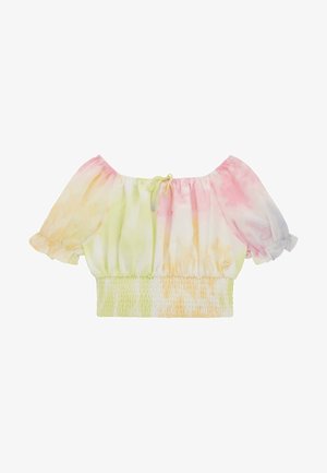 Halenka s odhalenými rameny, krátká v pastelových barvách tie-dye v růžové, žluté a zelené; elastický úzký pas a nabírané rukávy se šňůrkou.