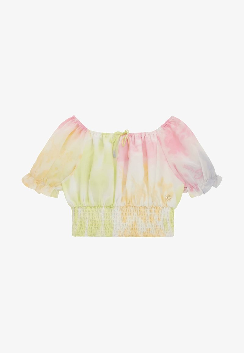 Váll nélküli, cropped blúz pasztell színekben, rózsaszín, sárga és zöld tie-dye mintával; rugalmas, smocked derék és puffos ujjakkal, húzózsinórral.