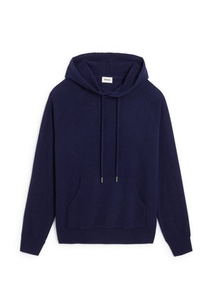 Haut à capuche bleu marine en tissu doux, avec une capuche à cordon de serrage, une poche avant et des poignets côtelés. Design simple sans motifs.
