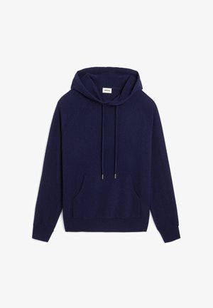 Haut à capuche bleu marine en tissu doux, avec une capuche à cordon de serrage, une poche avant et des poignets côtelés. Design simple sans motifs.