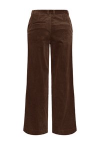 Pantalon large en velours côtelé marron avec poches fendues à l’arrière et passants de ceinture, vu de dos sur fond blanc.