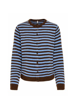 Cardigan boutonné avec des rayures horizontales marron et bleu clair, encolure ronde et manches longues.