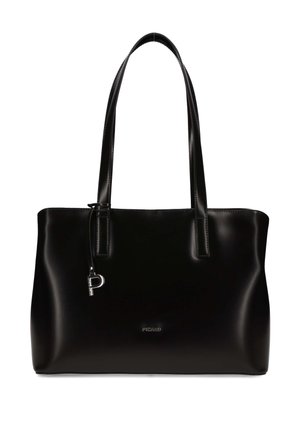 Black leather tote bag with two handles, subtle logo "PICARD" at center, and a small silver "P" charm on side strap.