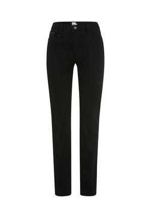 Sorte jeans lavet af denim med en lige pasform. Har lukning med knapper foran, bæltestropper og fem lommer. Glat tekstur over det hele.