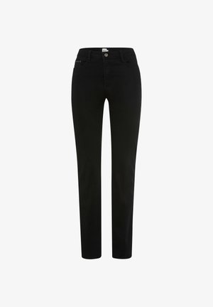 Schwarze Jeans aus Denim mit geradem Schnitt. Verfügt über einen vorderen Knopfverschluss, Gürtelschlaufen und fünf Taschen. Glatte Textur insgesamt.