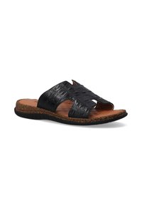 Zwarte schuifsandalen met een getextureerde faux leren bovenwerk, kurken zool, open teen en uitsparingen voor ventilatie. Plat, flexibel ontwerp.