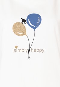 White fabric features a design with two balloons: one gold glitter and one blue with a polka dot pattern. A black bird perches on the gold balloon, with the text "simply happy" below.