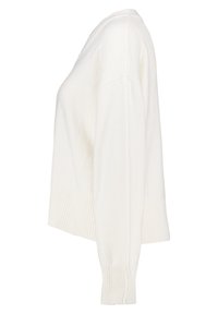 Pull blanc à coupe ample, avec des poignets côtelés et un col en V. Texture douce et fini lisse, présentant un look épuré et minimaliste.