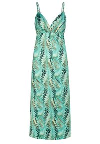 Maxime dress in turquoise fabric with a leaf pattern, featuring thin straps and a cinched waist. Smooth texture with a flowing silhouette.