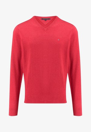 Rød langærmet V-hals sweater med lille logo på venstre bryst og ribstrikkede manchetter og kant.