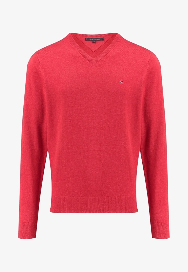 Pull rouge à manches longues avec col en V, petit logo sur la poitrine gauche et poignets et ourlet côtelés.