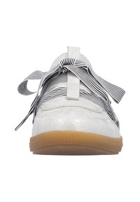 White metallic leather shoe with a round toe, featuring a striped fabric lace and a textured gum sole. Accents include a front tab.