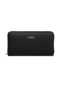 Schwarze Reißverschluss-Brieftasche aus strukturiertem Material mit goldfarbenem "LCREDI"-Logo auf der Vorderseite. Verfügt über einen glatten Reißverschluss und eine rechteckige Form.