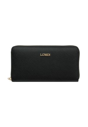 Black zip-around wallet made of textured material with a gold "LCREDI" logo on the front. Features a smooth zipper and rectangular shape.