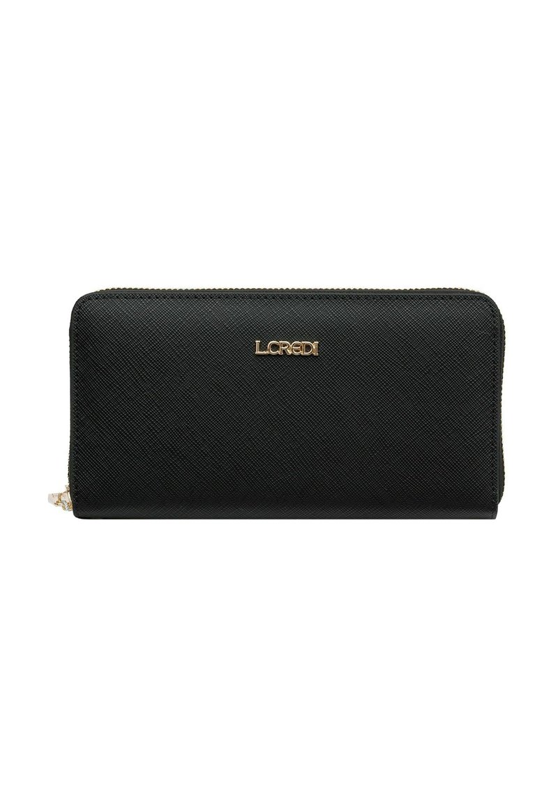 Schwarze Reißverschluss-Brieftasche aus strukturiertem Material mit goldfarbenem "LCREDI"-Logo auf der Vorderseite. Verfügt über einen glatten Reißverschluss und eine rechteckige Form.