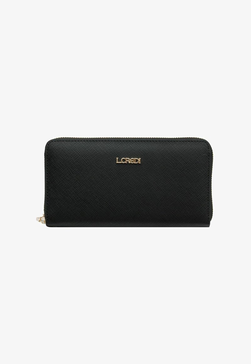 Black zip-around wallet made of textured material with a gold "LCREDI" logo on the front. Features a smooth zipper and rectangular shape.