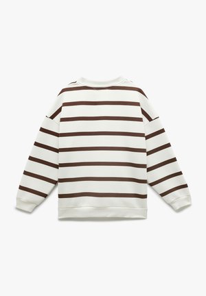 Witte sweatshirt met brede bruine horizontale strepen, ronde hals en geribbelde manchetten. Zachte textuur en een relaxed fit ontwerp.