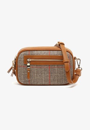Petit sac bandoulière rectangulaire avec garniture en cuir marron, poche avant zippée et motif en tissu écossais aux tons rouges et beiges.