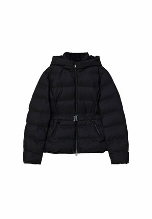 Schwarze Puffjacke mit Kapuze, tailliertem Schnitt, Reißverschluss vorn und Taschen. Verfügt über ein gestepptes Design mit glatter Textur.