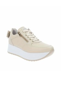 Beżowe skórzane sneakersy z białą podeszwą, sznurówką z przodu, detalem w postaci zamka błyskawicznego po boku oraz akcentującą kokardą z tyłu. Gładka tekstura z masywnym designem.