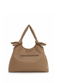 Brown leather handbag with knot-tied handles, rounded shape, and a front zip pocket. Soft textured finish. Ideal for casual use.