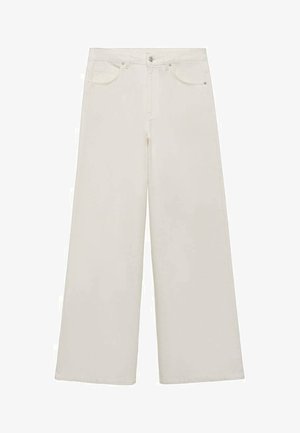 Široke bijele traperice s klasičnim dizajnom s pet džepova, vidljivim šavovima i zatvaranjem na gumbe. Glatka tekstura i minimalni detalji.