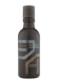 Aveda Men Flüssigpomade in einer dunkelbraunen Flasche mit matter Oberfläche. Mit blauen und sandfarbenen abstrakten Grafiken sowie Text in Weiß und Orange.