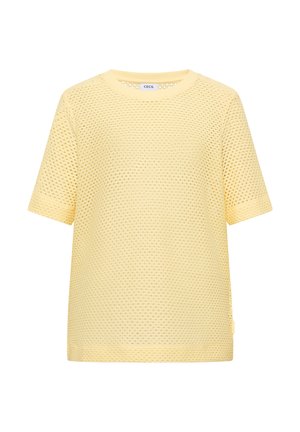 Gul kortærmet mesh strik top med rund halsudskæring og løs pasform, med et subtilt bikagemønster og et lille mærke på siden.