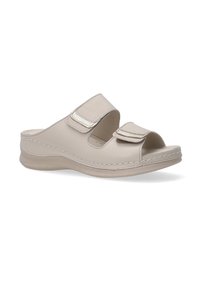Beige leren slide sandalen met twee verstelbare klittenbandsluitingen, open teenontwerp en een gevoerde zool voor comfort.