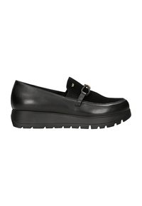 Scarpe slip-on nere in pelle con tomaia texturizzata, decorate con una catena ornamentale e una suola in gomma spessa per una migliore aderenza.