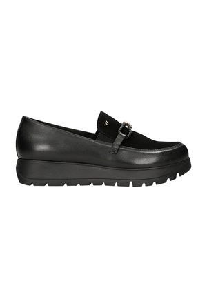 Schwarze Leder Slipper mit strukturiertem Obermaterial, dekorativer Kettenakzent und dicker Gummisohle für guten Halt.