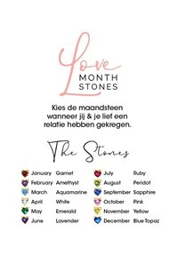Liste des pierres de naissance par mois, présentant des pierres colorées en forme de cœur avec des accents dorés, y compris le grenat, l'améthyste et le saphir.