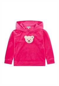 Hoodie in velluto rosa con applicazione di una faccia d'orso sul petto, dotato di un ampio cappuccio e maniche lunghe. Tessuto morbido, design casual.