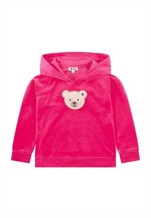 Haut à capuche en velours rose avec une application de visage d'ours sur la poitrine, comportant une grande capuche et de longues manches. Texture douce, design décontracté.