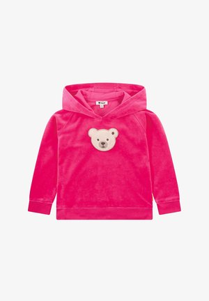 Rosa Samt-Hoodie mit einem Bärenkopf-Applikation auf der Brust, ausgestattet mit einer großen Kapuze und langen Ärmeln. Weicher Stoff, lässiges Design.