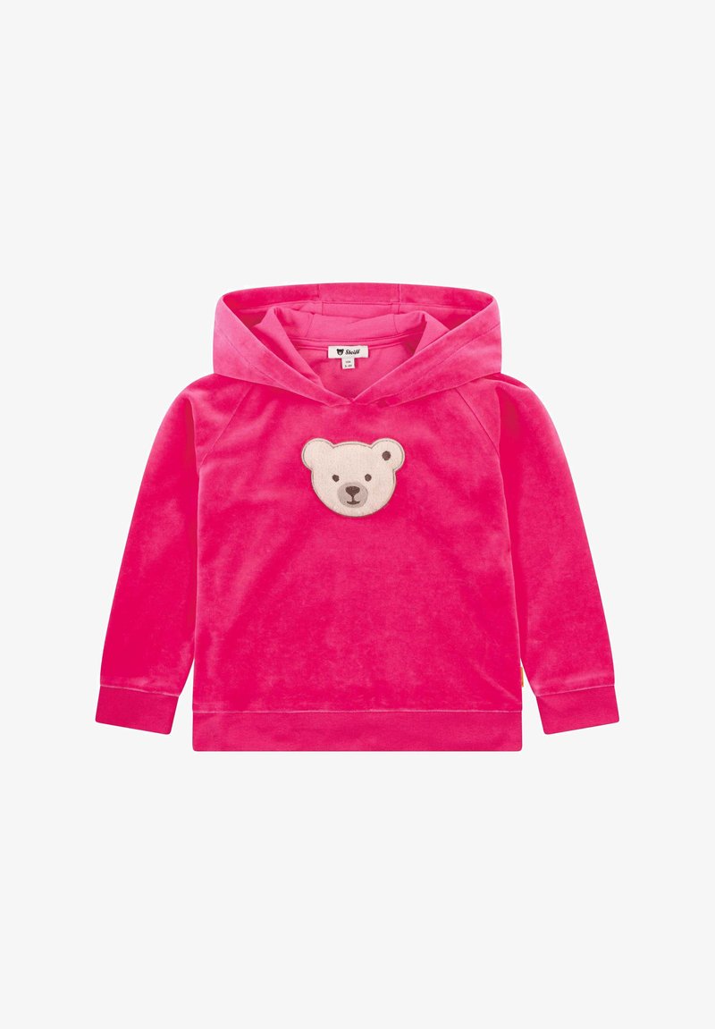 Hoodie in velluto rosa con applicazione di una faccia d'orso sul petto, dotato di un ampio cappuccio e maniche lunghe. Tessuto morbido, design casual.