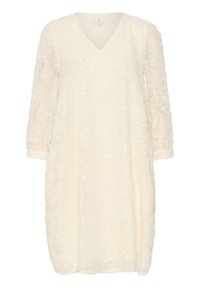 Cremefarvet kjole med V-hals, gennemsigtigt stof, trekvartærmer og tekstureret blomstermønster over det hele. Løs pasform.
