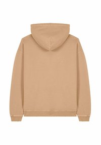 Felpa con cappuccio di colore marrone, maniche lunghe, polsini e orlo a coste, texture liscia e design minimalista, vista da dietro.