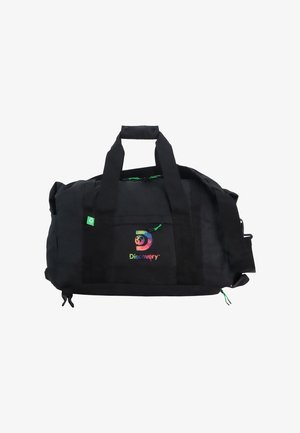 Black duffel bag made of fabric, featuring dual handles, a front pocket, and a colorful "Discovery" logo with globe design.