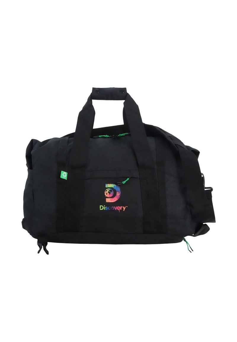 Black duffel bag made of fabric, featuring dual handles, a front pocket, and a colorful "Discovery" logo with globe design.