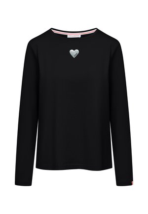 Zwart lang T-shirt met lange mouwen, gemaakt van katoen, met een ronde hals en een metallic zilveren hartdetail op de borst. Eenvoudig, ontspannen pasvorm ontwerp.
