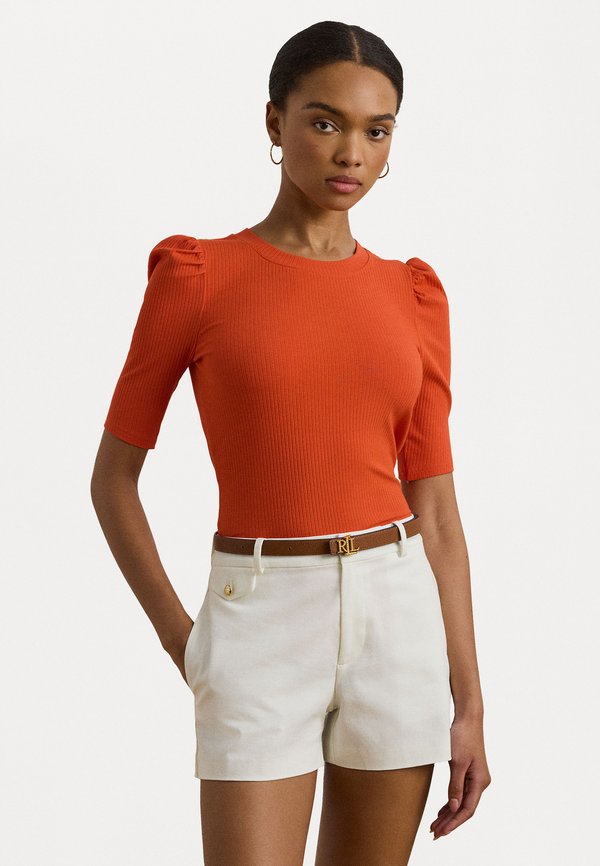 COTTON BLEND RIB KNIT PUFF SLEEVE TEE - Basic T-shirt - orange