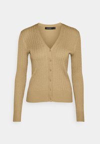 Beige žebrovaný cardigan s výstřihem do V, dlouhými rukávy a šesti knoflíkovými zapínáními vpředu. Měkká textura a přiléhavý střih.