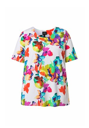 Hvid kortærmet skjorte med stort, farverigt blomsterprint i rødt, blåt, grønt, lilla, orange og gult.