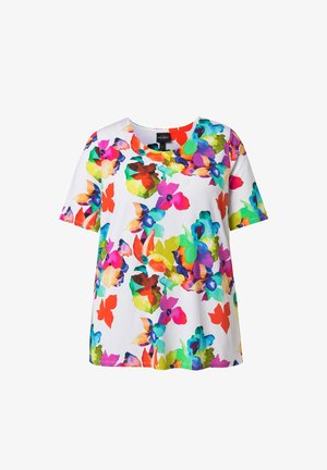 Hvid kortærmet skjorte med stort, farverigt blomsterprint i rødt, blåt, grønt, lilla, orange og gult.