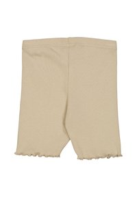 Beige ribbenkové šortky se zvlněným lemem, nabízející pohodlný pas a přiléhavý střih. Tkanina je měkká a elastická.