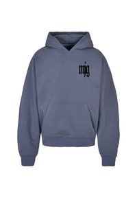 Kapuzensweatshirt aus hellgrauem Material mit einer Kängurutasche und einem schwarzen Logo auf der Brust. Gerippte Bündchen und Saum.