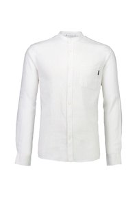 Witte lange mouwen shirt van linnen, met een staande kraag, knopen aan de voorkant en een borstzakje aan de linkerkant. Soepele textuur.