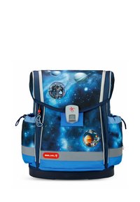 Blauer Rucksack im Galaxy-Thema mit grauen Akzenten, der Planet-Motive, einen Klettverschluss und Seitentaschen für die Aufbewahrung aufweist. Strapazierfähiges Materialdesign.