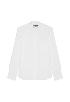 Langärmliges weißes Hemd aus leichtem Stoff, mit Stehkragen, einer Brusttasche und Knopfverschluss in einem geraden Schnitt.